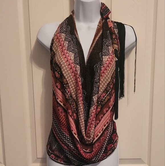 NWT- Temple Ro- Multicolor Patterned Halter Top, Very Deep V Front, V In Back .L - Picture 1 of 6